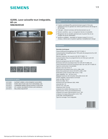 Product information | Siemens SN636X03JE IQ300 Lave vaisselle tout intégrable Product fiche | Fixfr