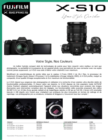 Product information | Fujifilm X-S10 Noir Appareil photo Hybride Product fiche | Fixfr