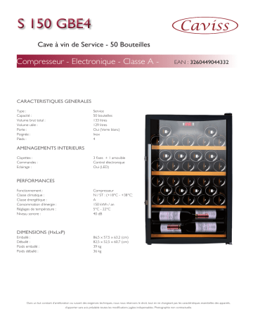Product information | Caviss S150GBE4 Cave à vin de service Product fiche | Fixfr