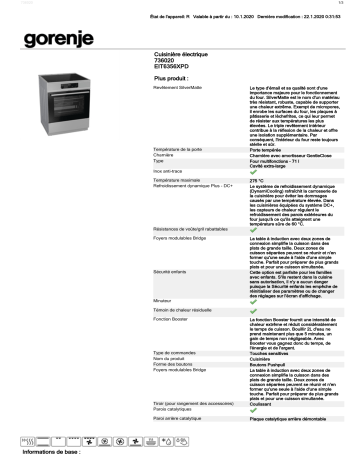 Product information | Gorenje EIT6356XPD Cuisinière induction Manuel utilisateur | Fixfr