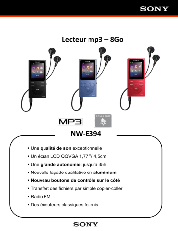 Product information | Sony NWE394B 8Go Noir Lecteur MP3 Product fiche | Fixfr