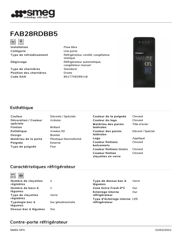 Product information | Smeg FAB28RDBB5 Réfrigérateur 1 porte Product fiche | Fixfr