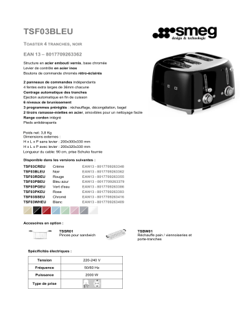 Product information | Smeg TSF03BLEU Noir Grille-pain Product fiche | Fixfr