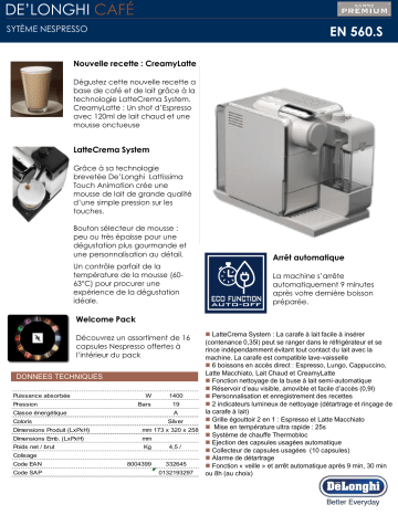 Product information | Delonghi Lattissima Touch 2 Silver EN560S Nespresso Product fiche | Fixfr