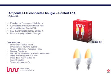 Product information | Innr E14 3.0 x2 Blanc variable 2200-5000 Ampoule connectée Product fiche | Fixfr