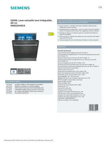 Product information | Siemens SN65ZX49CE IQ500 Lave vaisselle tout intégrable 60 cm Product fiche | Fixfr
