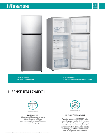 Product information | Hisense RT417N4DC1 Réfrigérateur 2 portes Product fiche | Fixfr