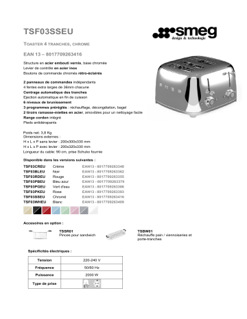 Product information | Smeg TSF03SSEU Toaster 4 tranches Chrome Grille-pain Product fiche | Fixfr