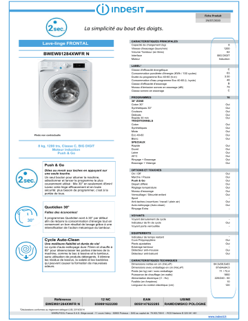 Product information | Indesit BWEW81284XWFRN Lave linge hublot Product fiche | Fixfr