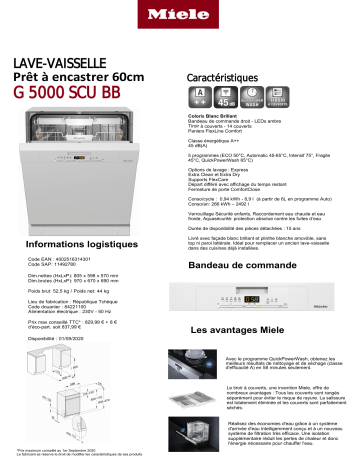 Product information | Miele G 5000 SCU Blanc Lave vaisselle encastrable Product fiche | Fixfr