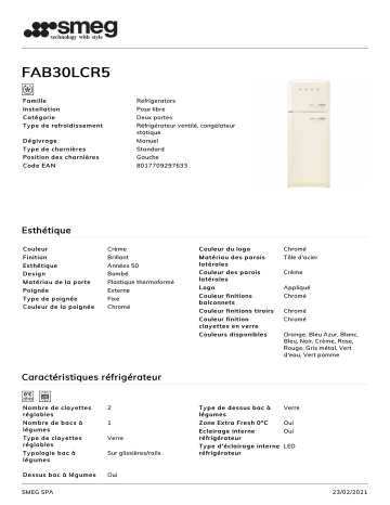 Product information | Smeg FAB30LCR5 Réfrigérateur combiné Product fiche | Fixfr