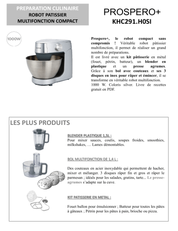 Product information | Kenwood PROSPERO KHC291.H0SI Robot pâtissier Product fiche | Fixfr