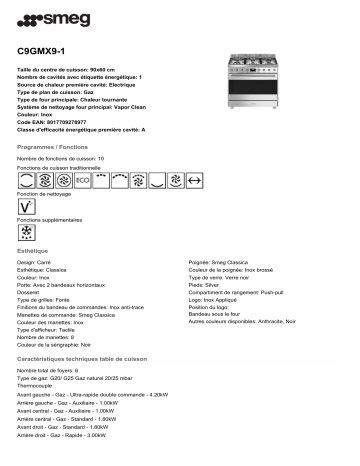 Product information | Smeg C9GMX9-1 Piano de cuisson gaz Product fiche | Fixfr