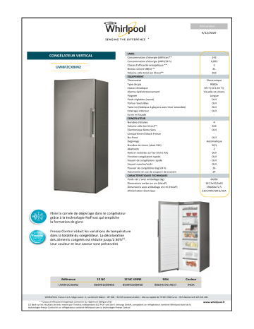 Product information | Whirlpool UW8F2CXBIN2 Congélateur armoire Product fiche | Fixfr