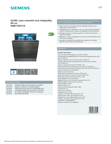 Product information | Siemens SN87YX01CE Lave vaisselle tout intégrable Product fiche | Fixfr