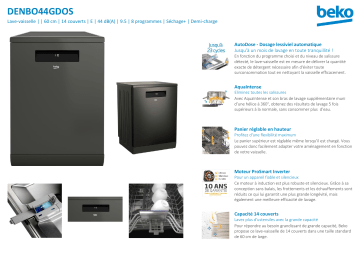 Product information | Beko DENBO44GDOS AutoDose Lave vaisselle 60 cm Manuel utilisateur | Fixfr