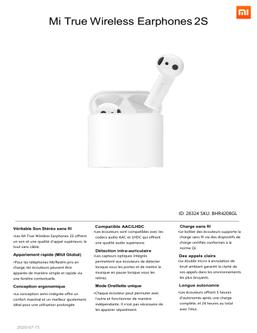 Product information | Xiaomi Mi True Wireless Earphones 2S Blanc Ecouteurs Product fiche | Fixfr