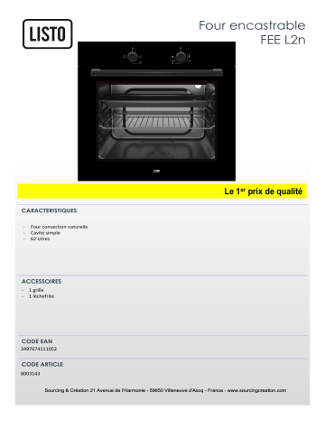 Product information | Listo FEE L2n Four encastrable Product fiche | Fixfr