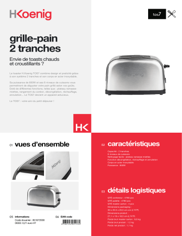 Product information | H.Koenig TOS7 inox Grille-pain Product fiche | Fixfr