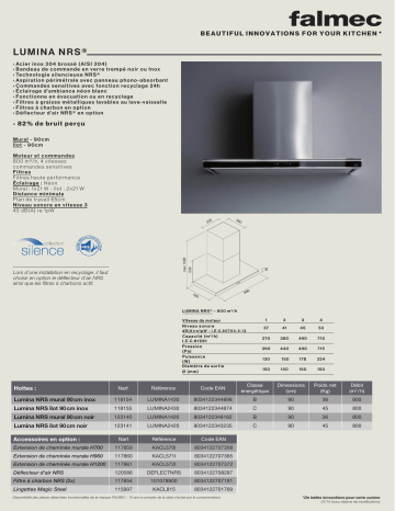 Product information | Falmec LUMINA 1430 MURAL 90 INOX/VERRE Gris Hotte décorative murale Manuel utilisateur | Fixfr