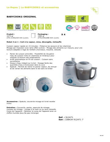 Product information | Beaba 912471 Babycook Original Grey Blue Mixeur Cuiseur Bébé Product fiche | Fixfr