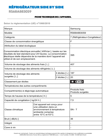 Product information | Samsung RS68A8830S9 Réfrigérateur Américain Product fiche | Fixfr