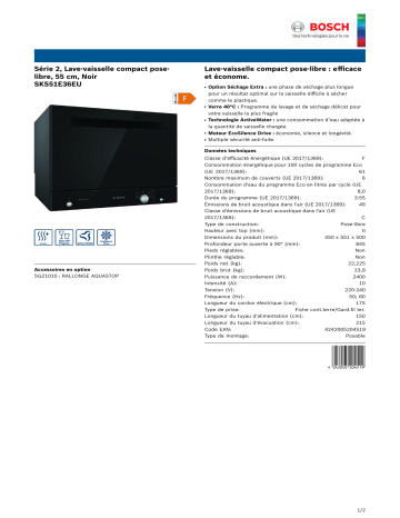 Product information | Bosch SKS51E36EU SERIE 2 Lave vaiselle sous plan Product fiche | Fixfr