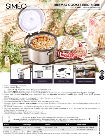 Product information | Simeo Thermal Cooker Nomade TCE610 Mijoteuse Product fiche | Fixfr