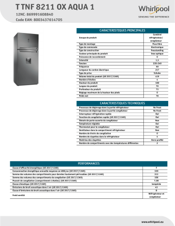 Product information | Whirlpool TTNF8211OXAQUA1 Réfrigérateur 2 portes Product fiche | Fixfr