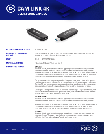 Product information | Elgato Cam Link 4K Carte d'acquisition Product fiche | Fixfr