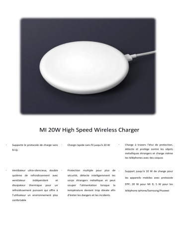 Product information | Xiaomi sans fil 20W Blanc Chargeur induction Product fiche | Fixfr