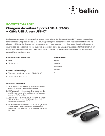 Product information | Belkin 24W 2xUSB-A/USB-C 1m noir Chargeur allume-cigare Product fiche | Fixfr