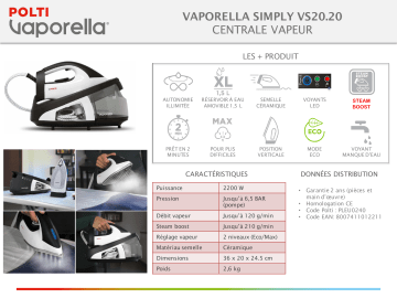 Product information | Polti Vaporella SIMPLY VS20.20 Centrale vapeur Product fiche | Fixfr