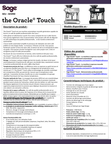 Oracle Touch Black | Product information | Sage Appliances Oracle Touch Expresso Broyeur Product fiche | Fixfr