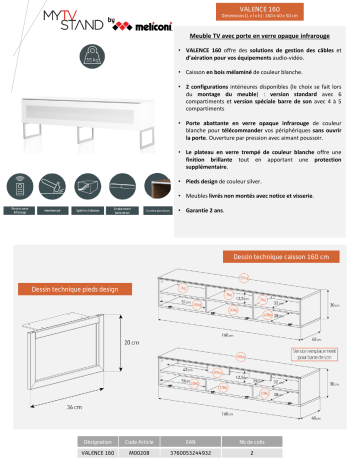 Product information | Meliconi Valence 160 cm blanc Meuble TV Product fiche | Fixfr