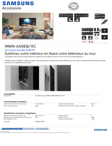 Product information | Samsung Accroche Murale WMN-A50EB/XC Support mural TV Product fiche | Fixfr