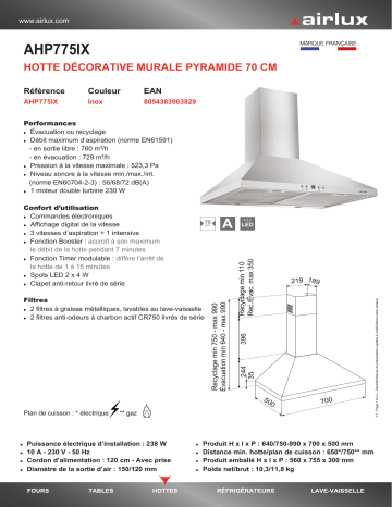 Product information | Airlux AHP775IX Hotte décorative murale Product fiche | Fixfr