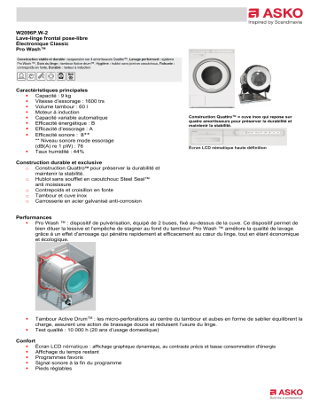 Product information | Asko W2096P. Lave linge hublot Product fiche | Fixfr