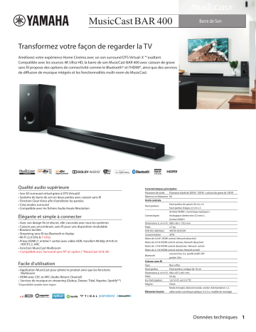 Product information | Yamaha MusicCast Bar 400 noir Barre de son Product fiche | Fixfr
