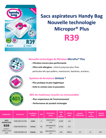 Product information | Handy Bag R39 Sac aspirateur Product fiche | Fixfr