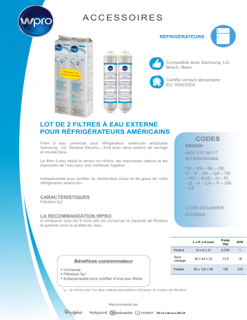 Product information | Wpro Lot de 2 x USC100/1 - sms200 Filtre à eau Product fiche | Fixfr