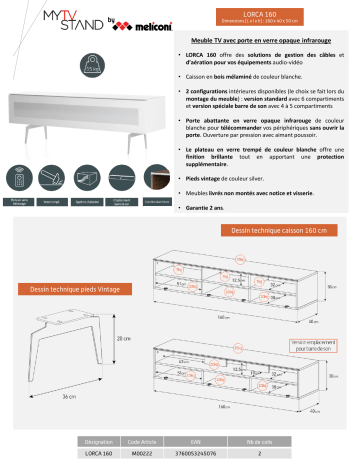 Product information | Meliconi Lorca 160 cm blanc Meuble TV Product fiche | Fixfr