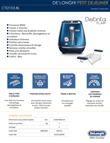 Product information | Delonghi DISTINCTA CTI2103.BL Bleu Grille-pain Product fiche | Fixfr