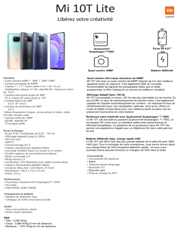 Mi 10T Lite Gris 128Go 5G | Product information | Xiaomi Mi 10T Lite Bleu 128Go 5G Smartphone Product fiche | Fixfr