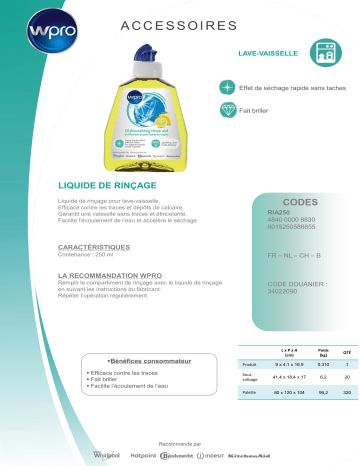 Product information | Wpro Liquide de rinçage RIA 250 Liquide de rinçage Product fiche | Fixfr