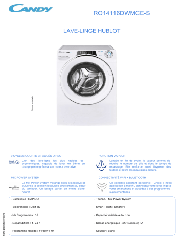 Product information | Candy RO14116DWMCE/1-S Lave linge hublot Product fiche | Fixfr