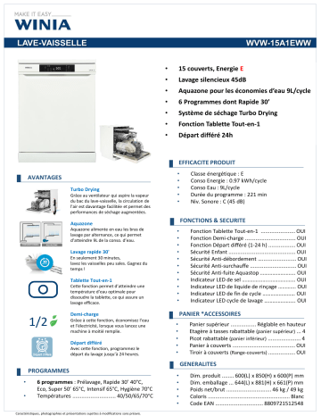 Product information | Winia WVW-15A1EWW Lave vaisselle 60 cm Product fiche | Fixfr