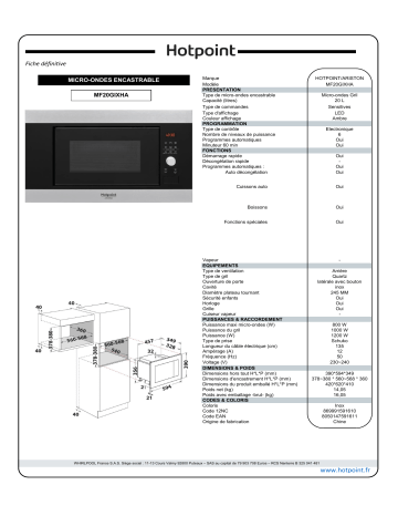 Product information | Hotpoint MF20GIX Micro ondes gril Product fiche | Fixfr