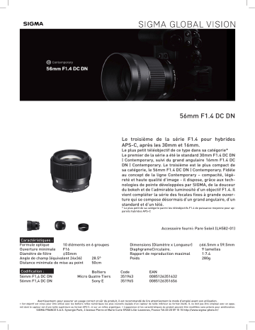 Product information | Sigma 56mm 1.4 DC DN Contemporary Sony E Objectif pour Hybride Product fiche | Fixfr