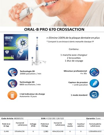 Product information | Oral-B Pro 670 CrossAction Brosse à dents électrique Product fiche | Fixfr